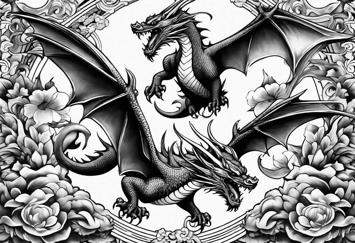 Family of five flying dragons tattoo idea