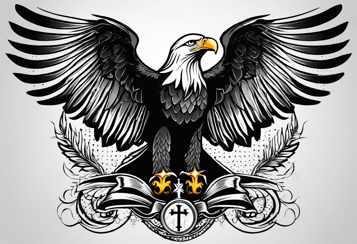 A tattoo that states catholic religion, pain and discipline to achieve your goals in life. it should be placed on the upper back. symbol of an eagle, fish, pigeon tattoo idea