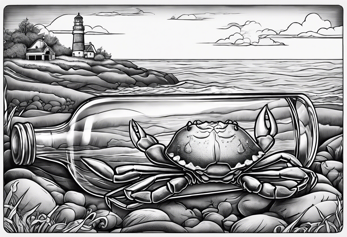 A message in a bottle. Rolled up map inside the bottle. crab outside protecting the bottle. tattoo idea