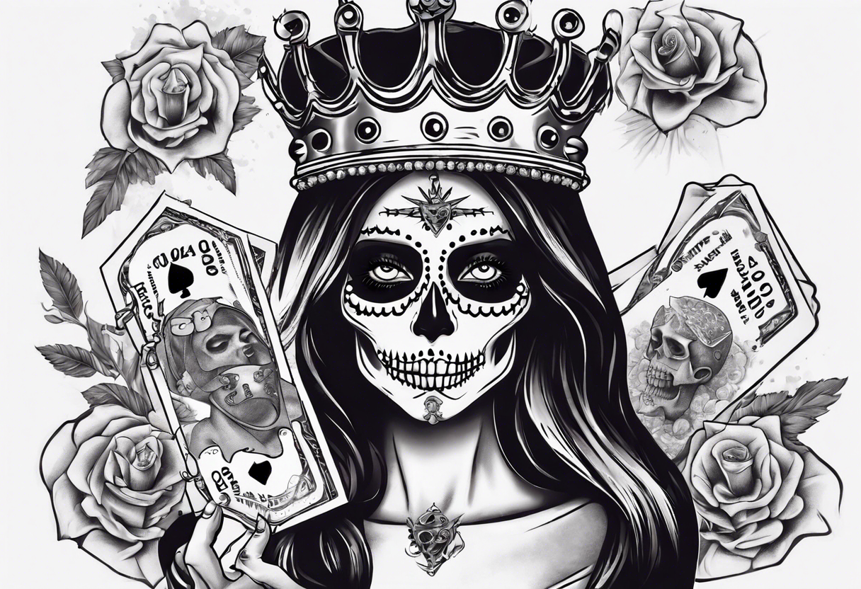 santa la muerta with money and crown
on the card tattoo idea