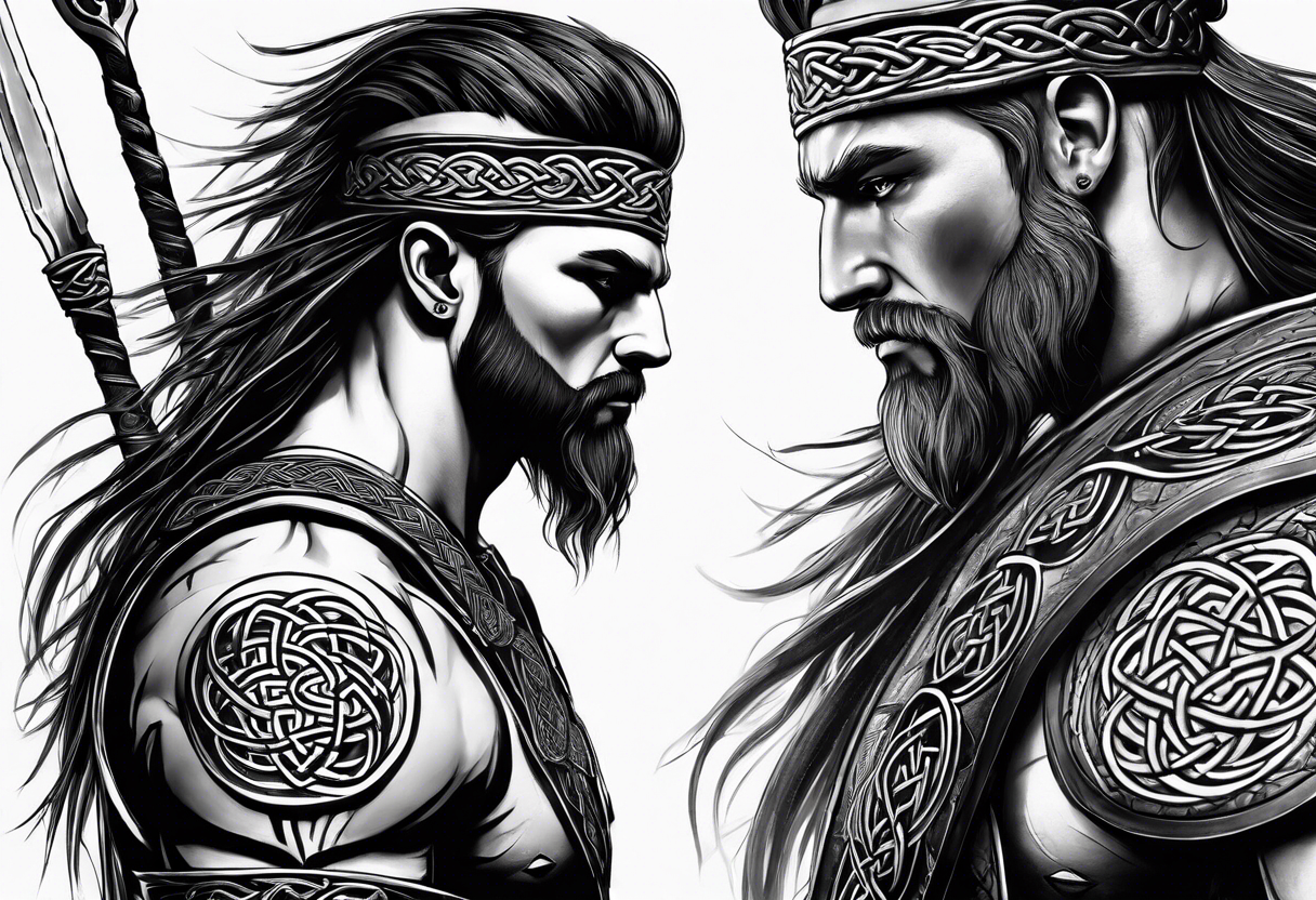 Full body side profile shot of a Celtic warrior with weapons, facing from left to right tattoo idea