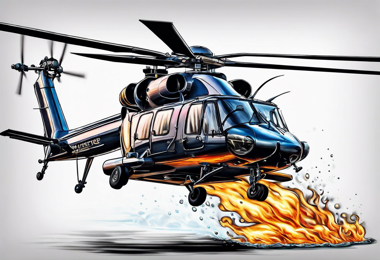 a helicopter dropping water on a fire with a bucket tattoo idea