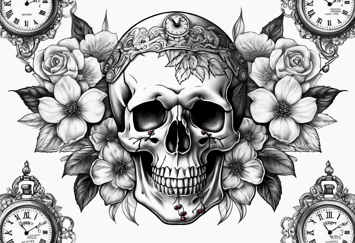 Stopwatch skull and cherry bloom tattoo idea