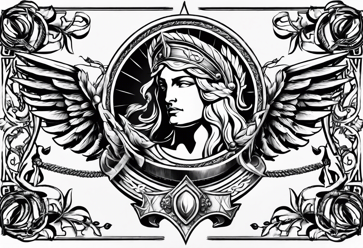 Ares spear and athena shield with a laurel wreath around tattoo idea