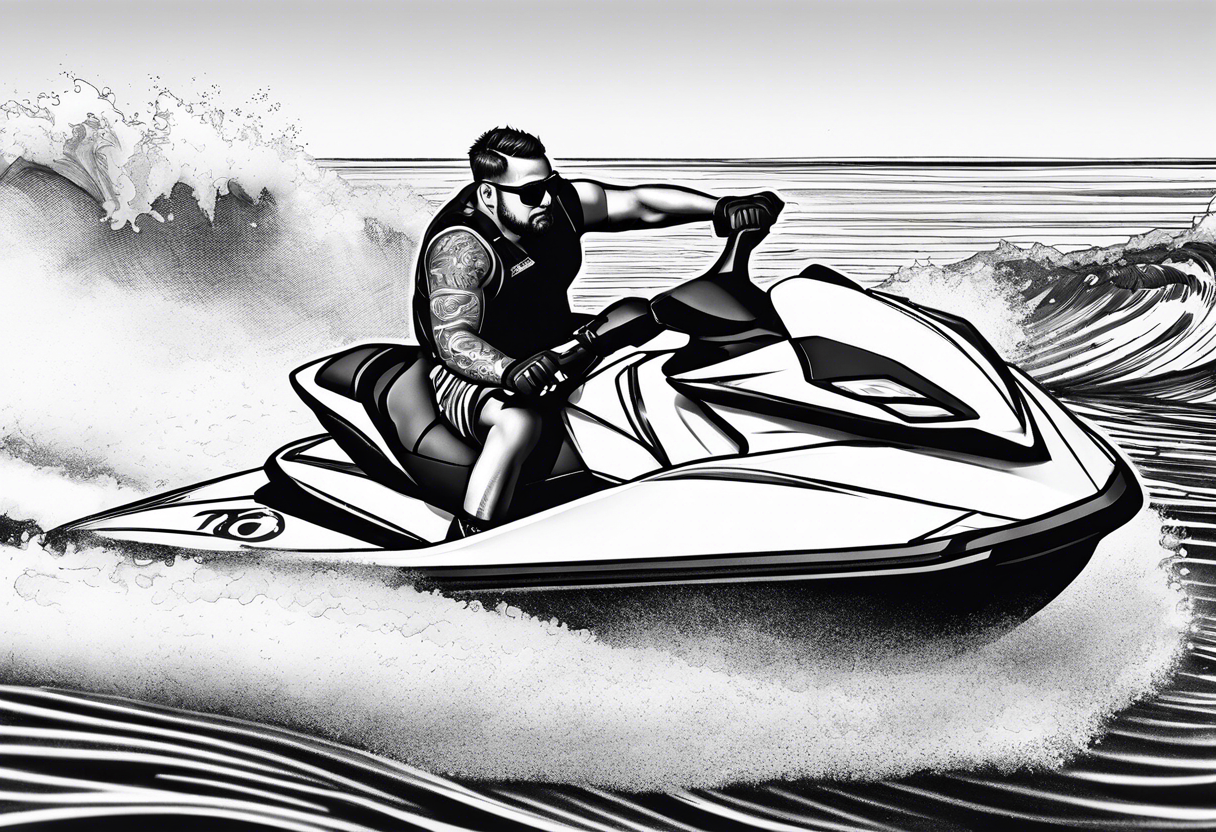 a large man on a jet ski with a small man riding on 
back tattoo idea