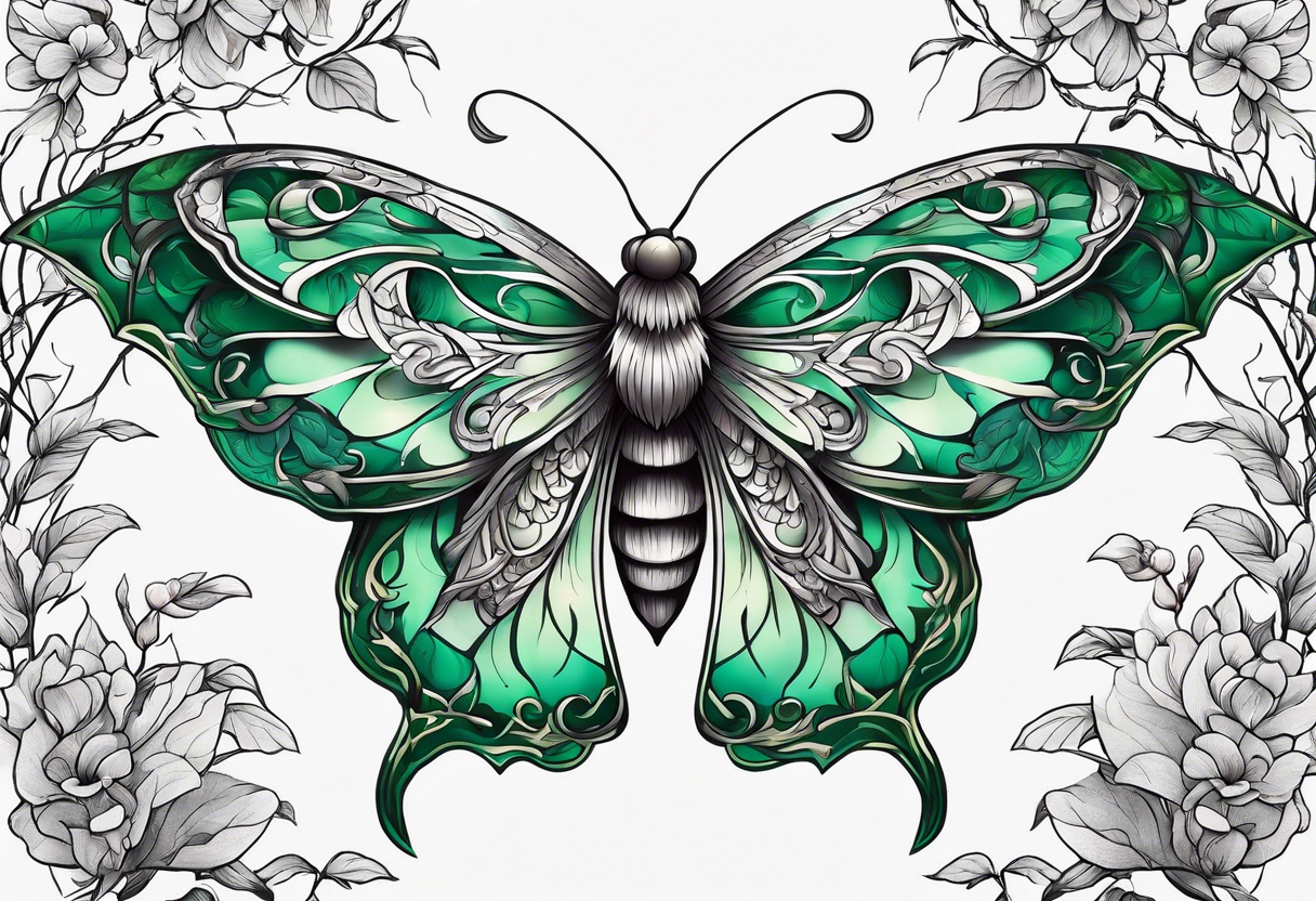 Moth flying around and winding long green branches and vines tattoo idea