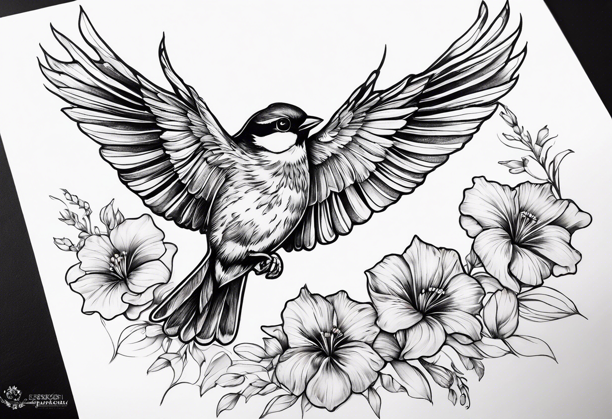 one flying 
sparrow, sunrays, 
make it a neck sleeve
add in a cosmos, iris, daisy, poppy and larkspur tattoo idea