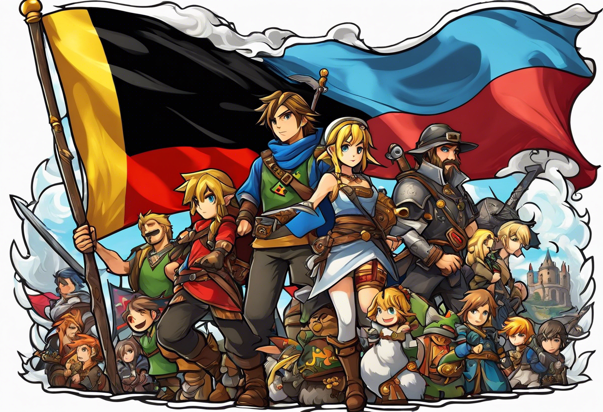 A video game scene encased in the flag of Germany and North Carolina surrounded by characters from Zelda, Final Fantasy 8, and Howel's Moving Castle. tattoo idea