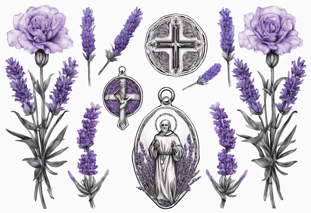 Double exposure of lavender flowers with the Saint Benedict medal, for a tattoo tattoo idea