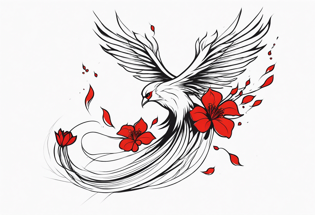 elongated phoenix in profile with claws holding red flowers falling tattoo idea