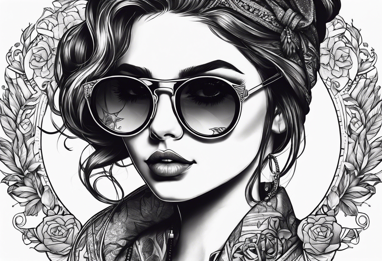 Hipster girl with round sunglasses listening to a tape tattoo idea