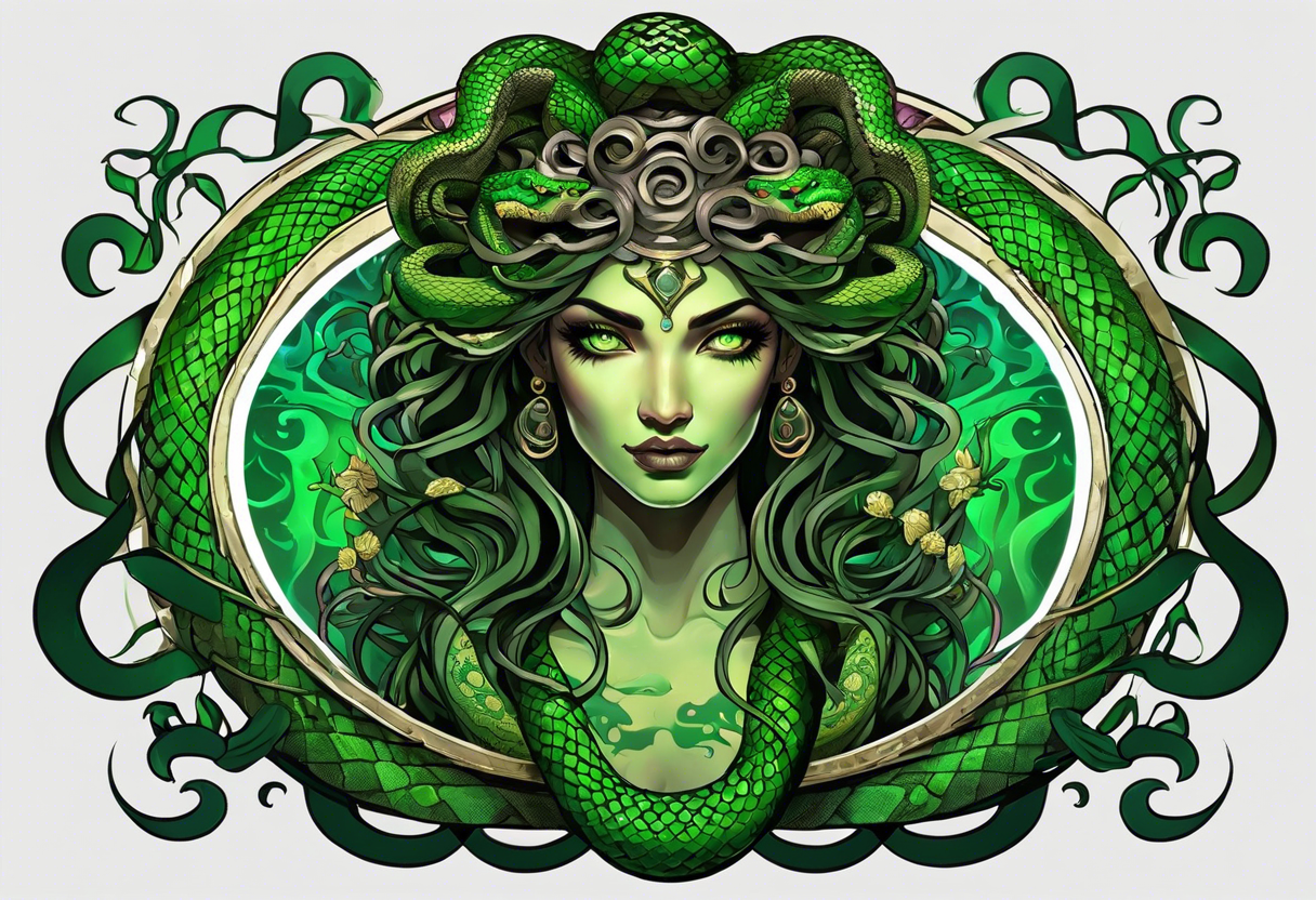 Serpent-themed female Medusa with intense features, snakes forming her hair, glowing green eyes, intricate snake patterns on the body, coiled around a Grecian column in a dimly lit ancient temple. tattoo idea