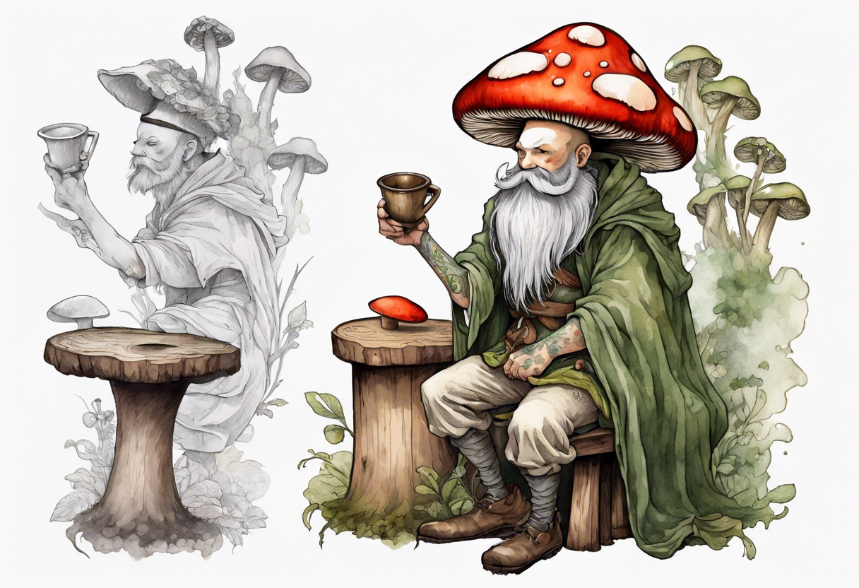 a mushroom with a mossy beard wearing medieval clothes sitting on a stool drinking from a wood cup tattoo idea