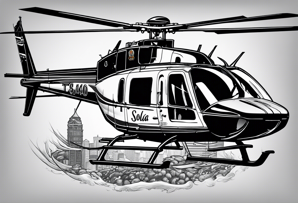 a bell 407 helicopter with the name "T. Sousa" on it, fighting a fire, with the pilot wearing night vision goggles. tattoo idea