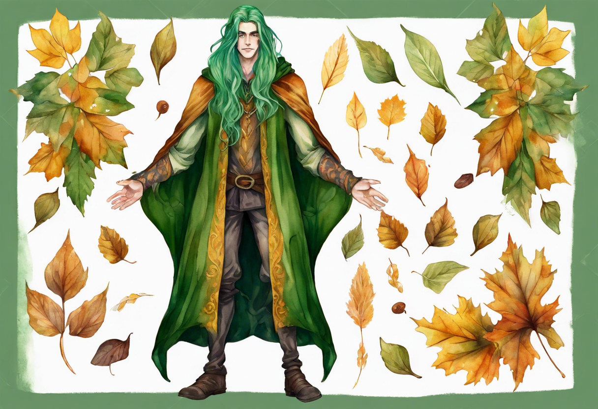 A tall, beautiful 19 year old man with autumn leaves in his long green hair, green skin. Wearing a golden medieval cloak covered with flowers. tattoo idea