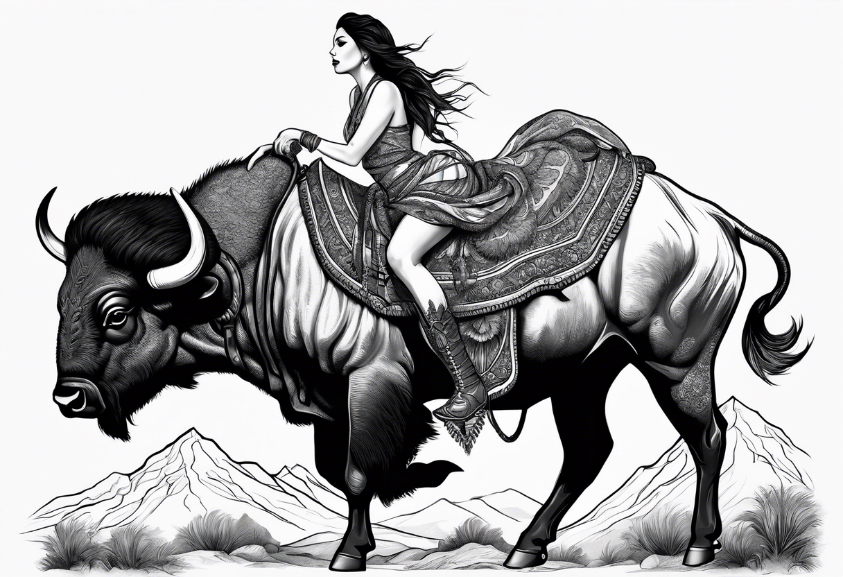 woman riding a buffalo tattoo idea