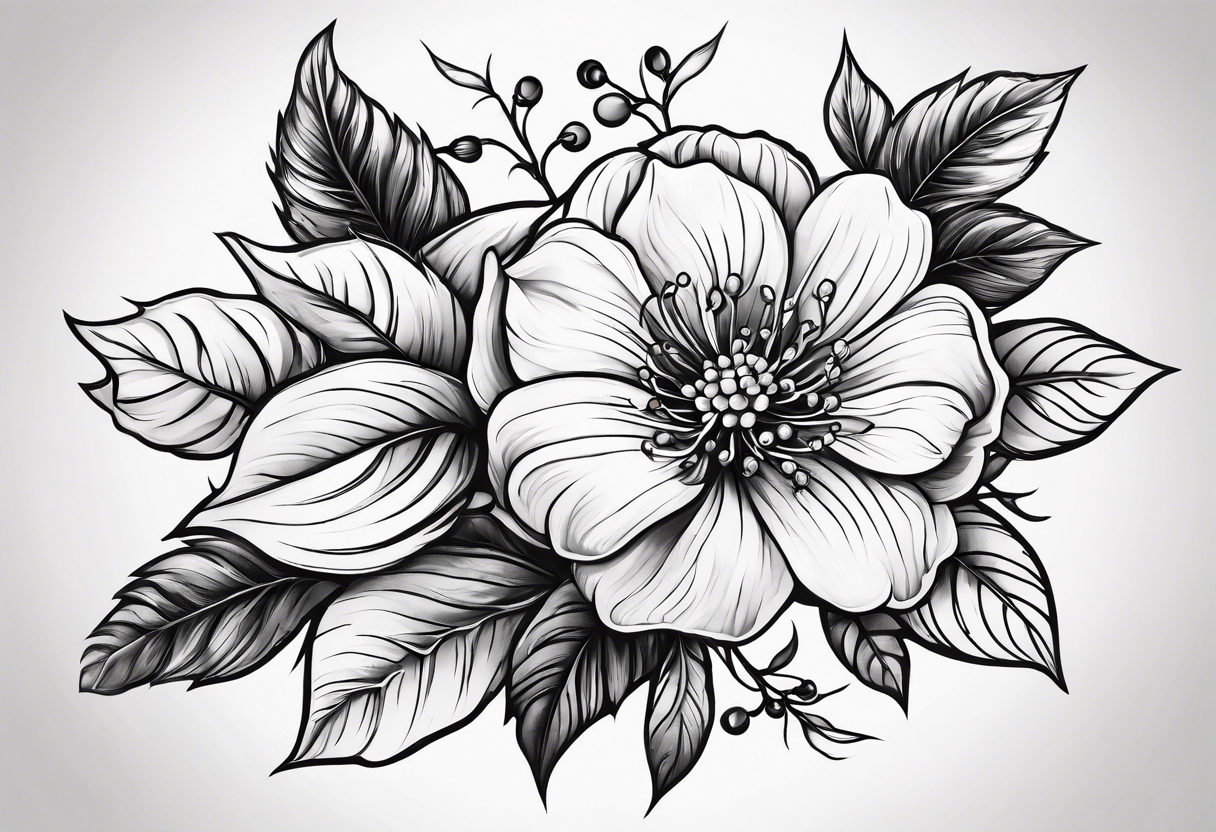 flower with rose flower and holly berry stalk tattoo idea