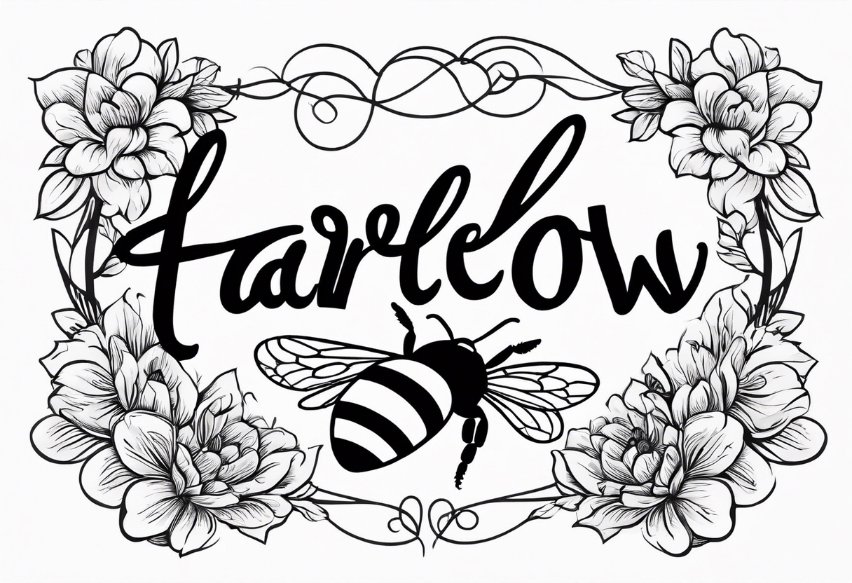Harlow written in cursive and then a bumblebee flying off the end of the w at the end of the name tattoo idea