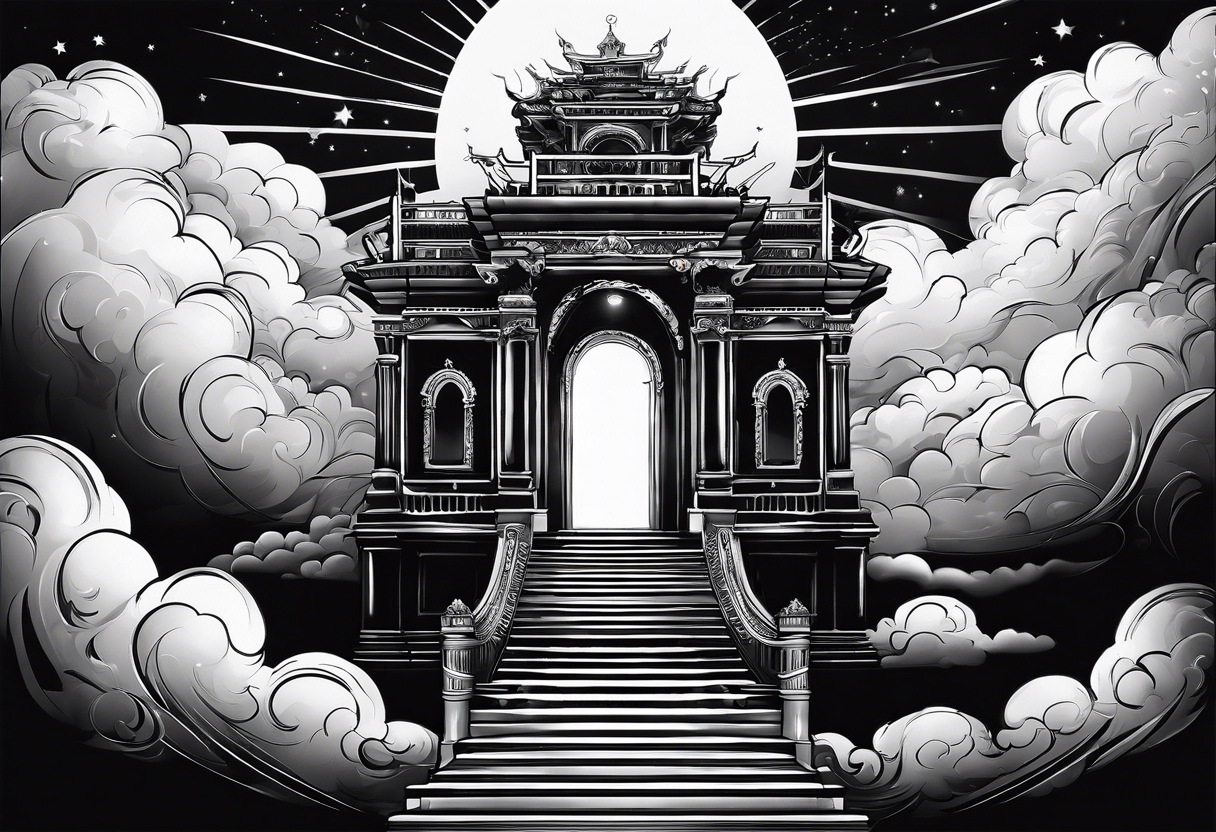 Staircase that leads through the clouds to heaven and ends at the gates of heaven. At the end there is a bright light tattoo idea