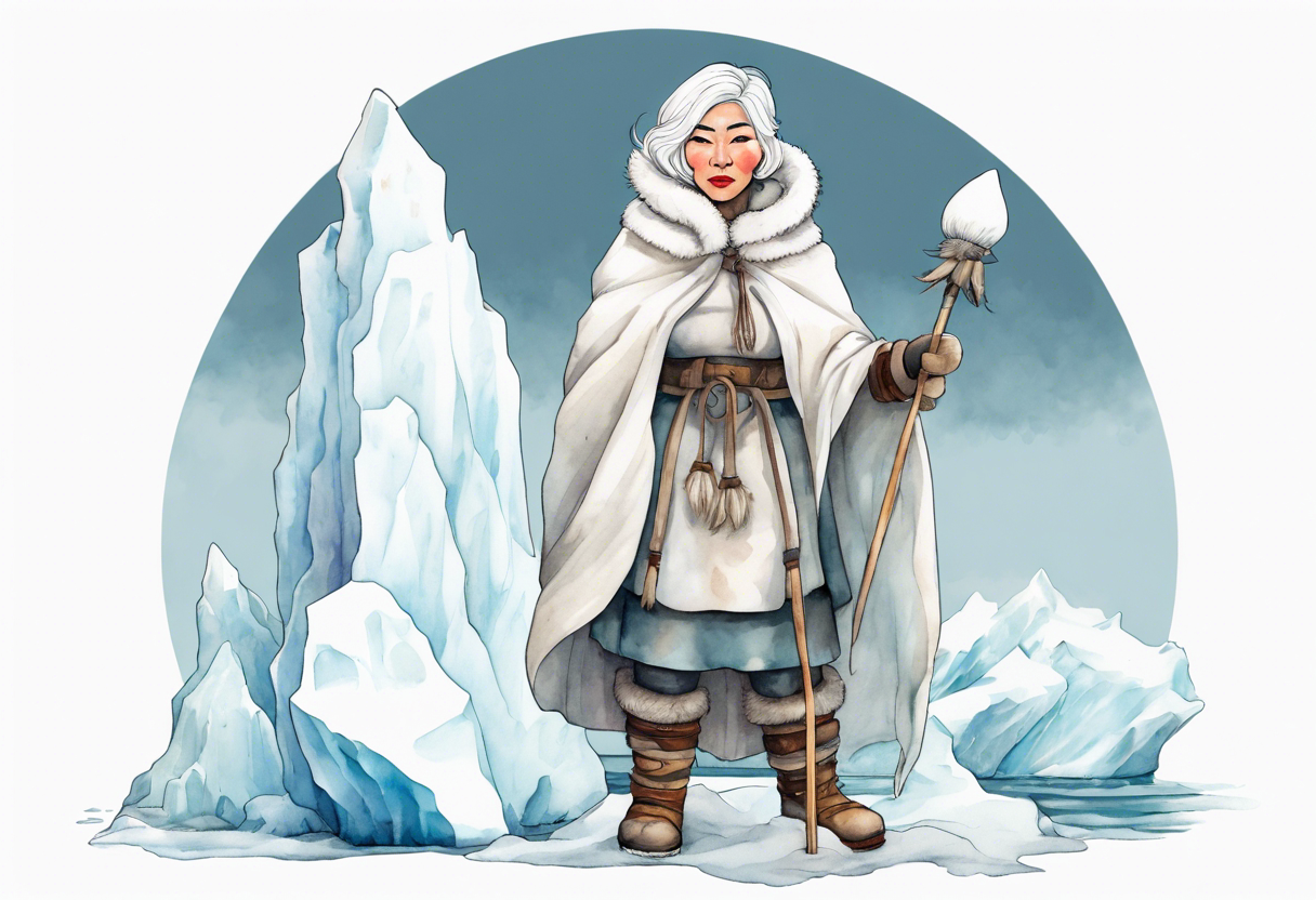 a middle aged Inuit woman with white hair, wearing mittens, mukluks, and a white cloak. Holding a white staff. Standing on an iceberg alone tattoo idea