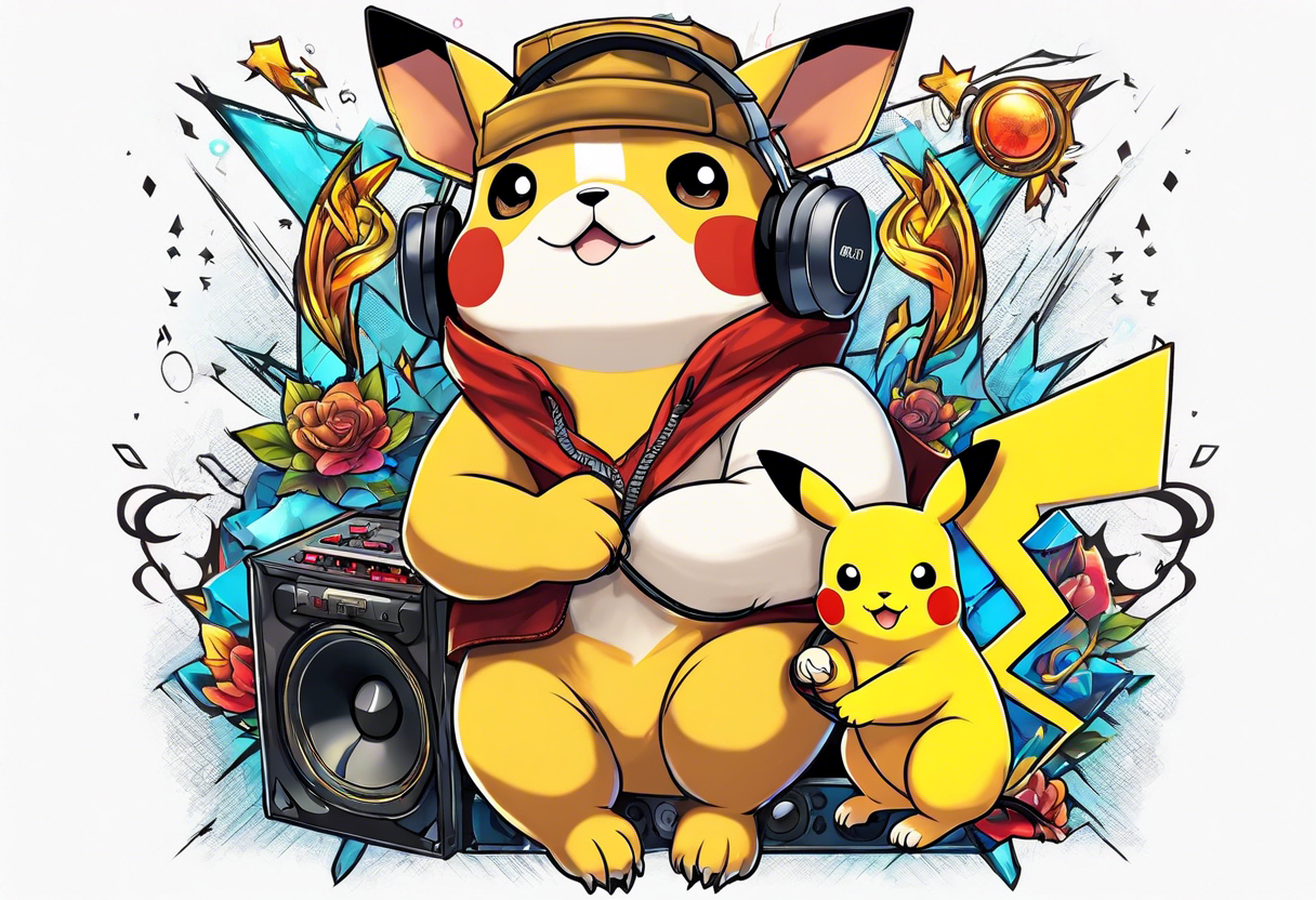 pickachu sitting next to a lion listening to music with music notes and thunder bolts tattoo idea