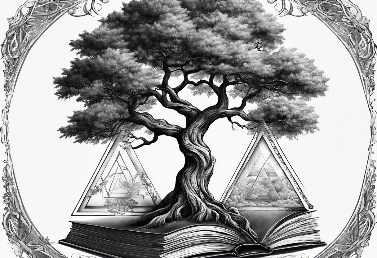 tree growing from book with branches containing triangle portals to another worlds tattoo idea