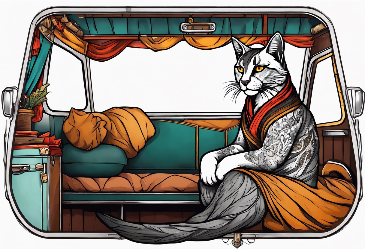 Khajiit sitting in a caravan selling wares tattoo idea