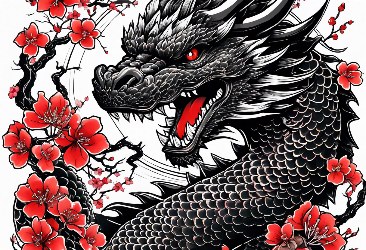 godzilla inspired dragon irezumi in black and red with water and lightning and cherry blossoms arm sleeve tattoo idea