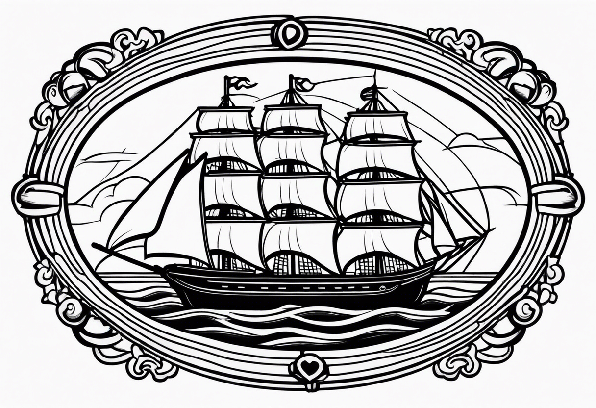 american traditional ship. oval border tattoo idea