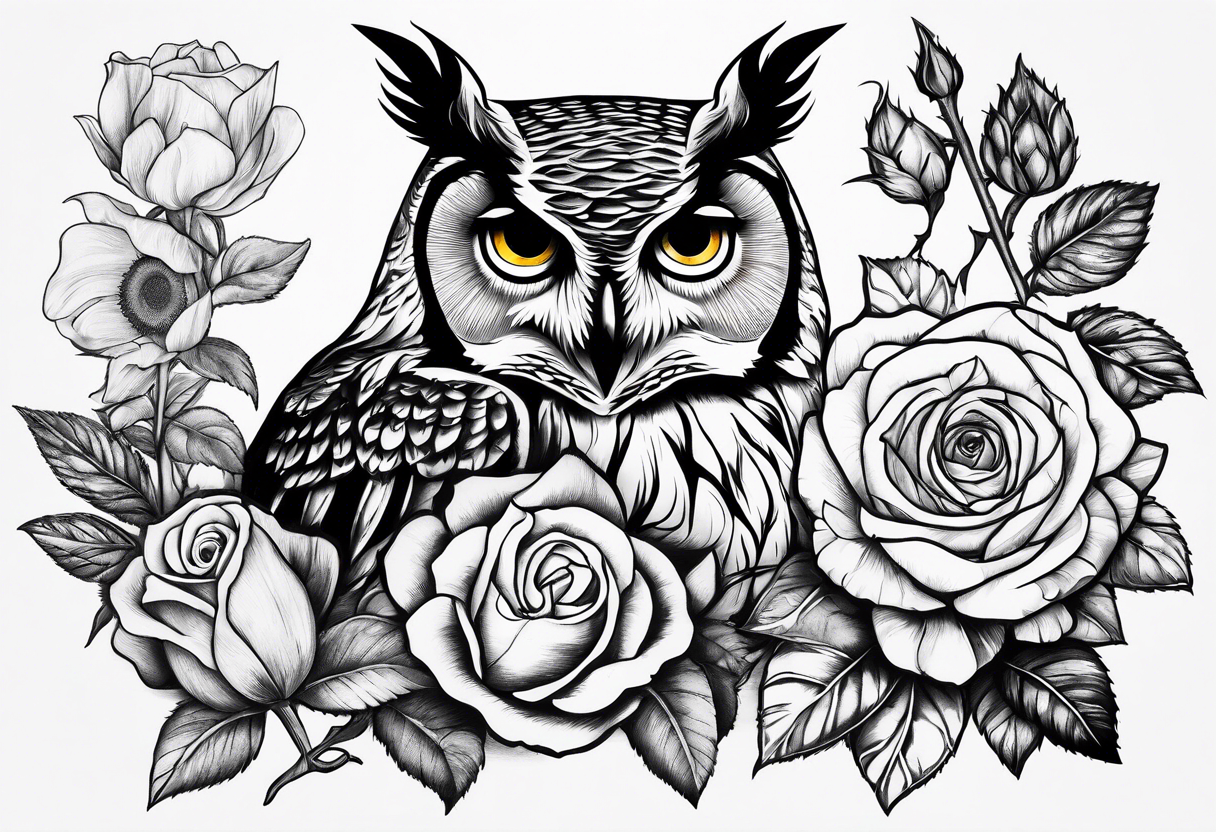 Sunflower and rose flower, owl tattoo idea