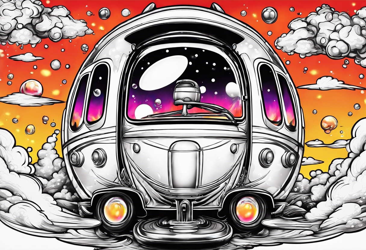 thinner rocketship with a psychedelic mushroom top with fire coming out the bottom bursting out of bubble as the bubble pops with an rv tattoo idea