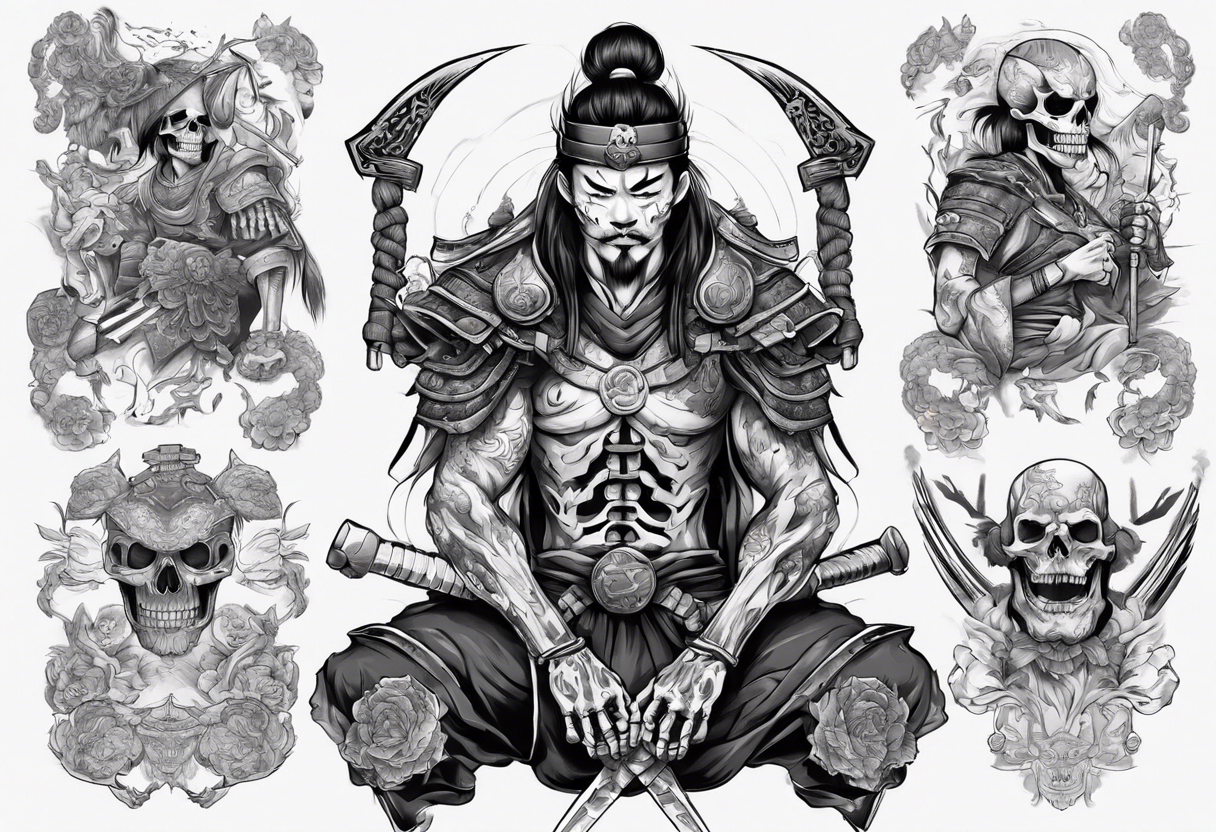 handsome Asian warrior who is also a skeleton tattoo idea