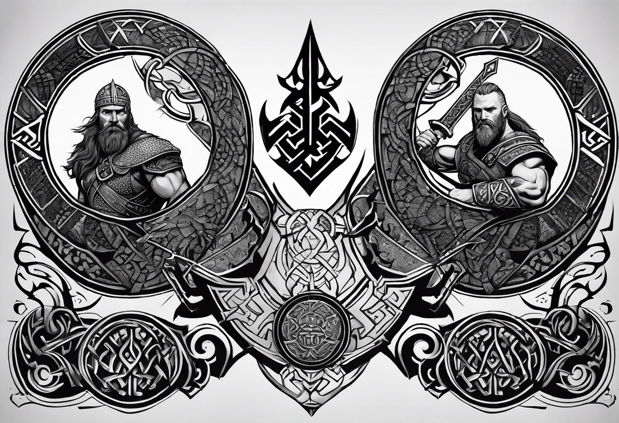 Viking theme in a half circle going from under the pectoral muscle to the hip. like Baldur from God of War 4. Stippling shading and runes. tattoo idea