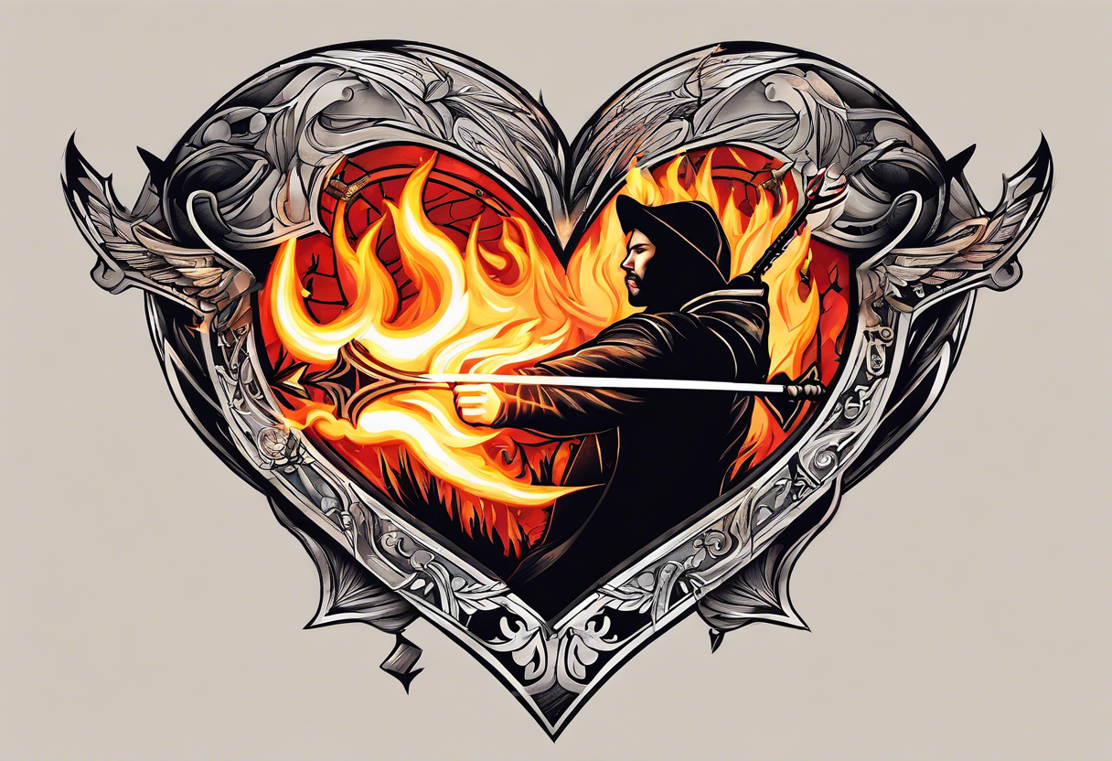 Heart on fire with an arrow shot through it. Showcasing things were difficult between me and my husband and how we are separating our paths tattoo idea