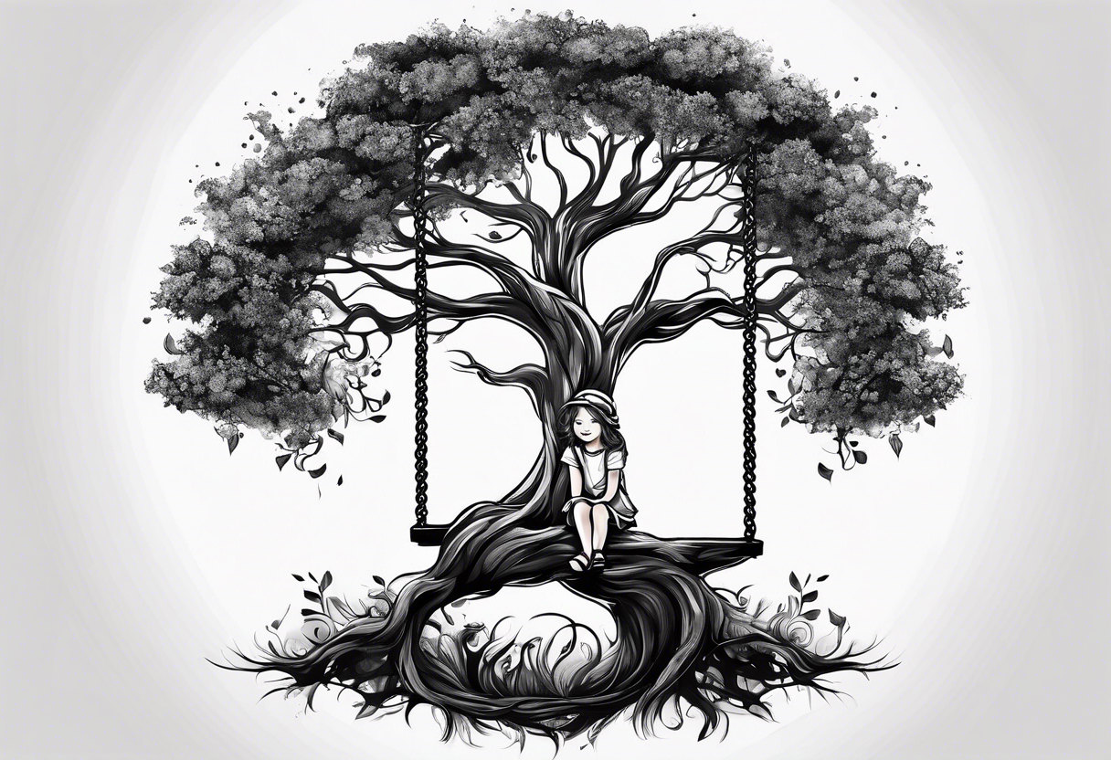 little girl swinging under a tree of life tattoo idea