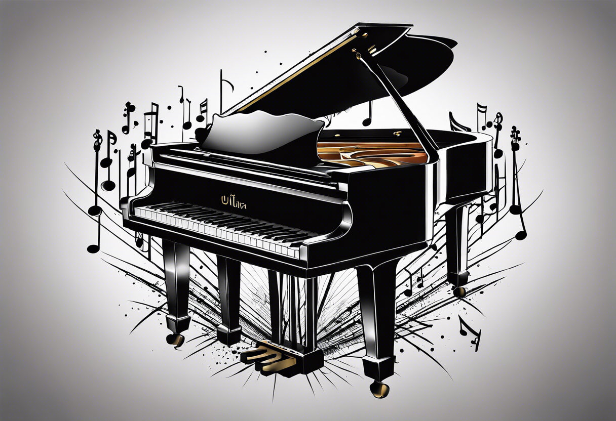 tattoo design for the back of arm. small. just the keys of a piano with drum sticks. realistic tattoo idea