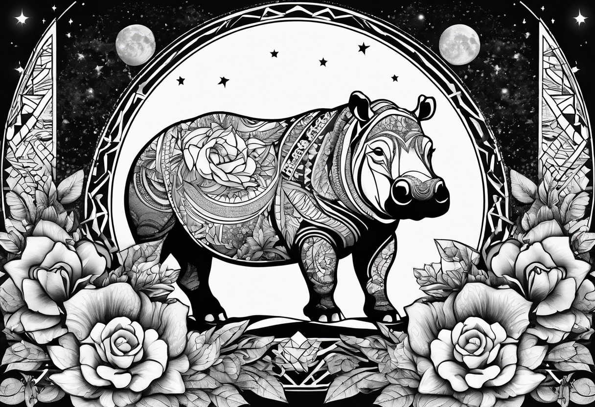 Hippo, flowers, moon, interstella , artic surreal, 
Extreme fine lines, +tribal, +geometric, develop from my favourites tattoo idea