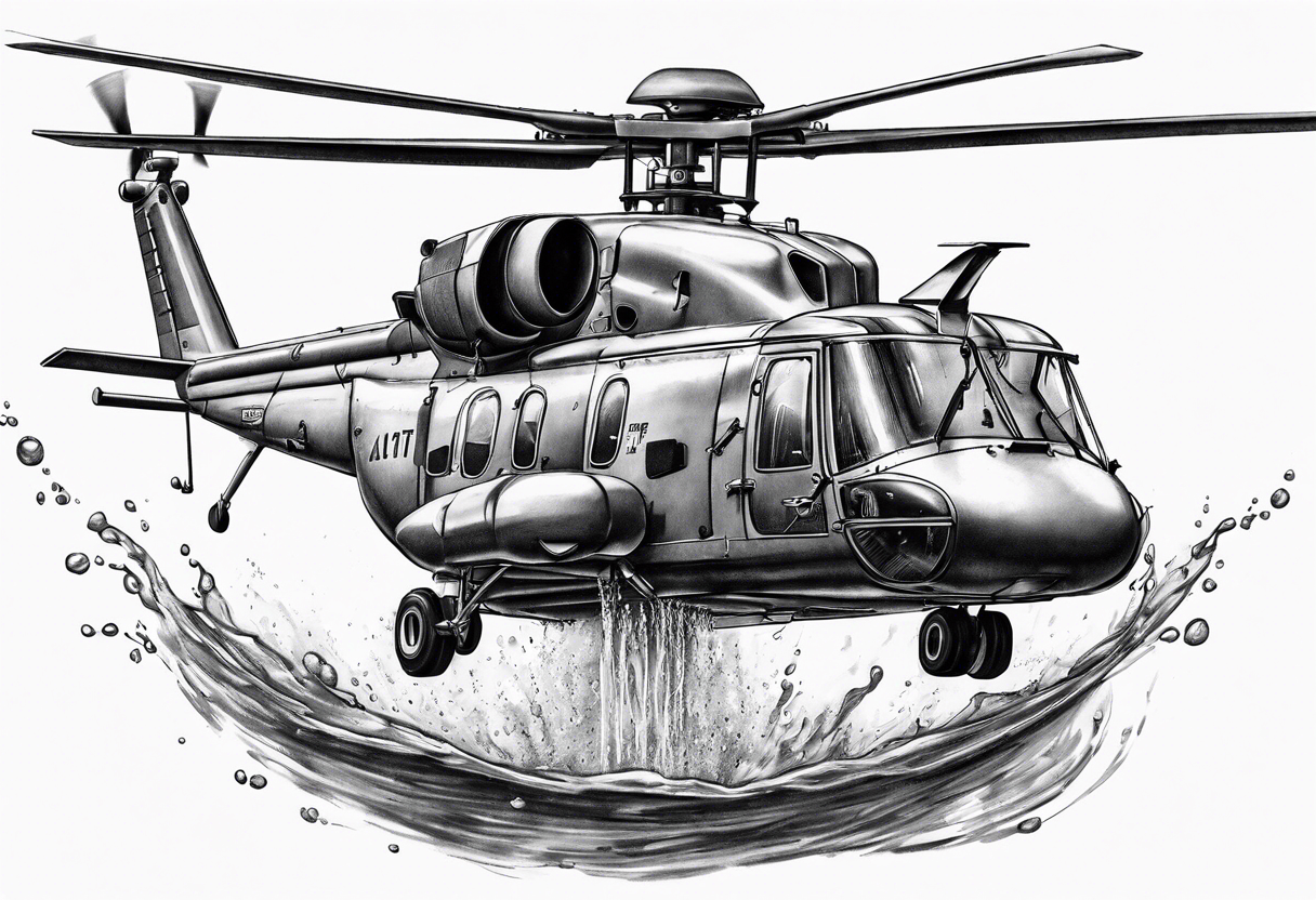 a helicopter dropping water out of a bucket suspended by the helicopter tattoo idea