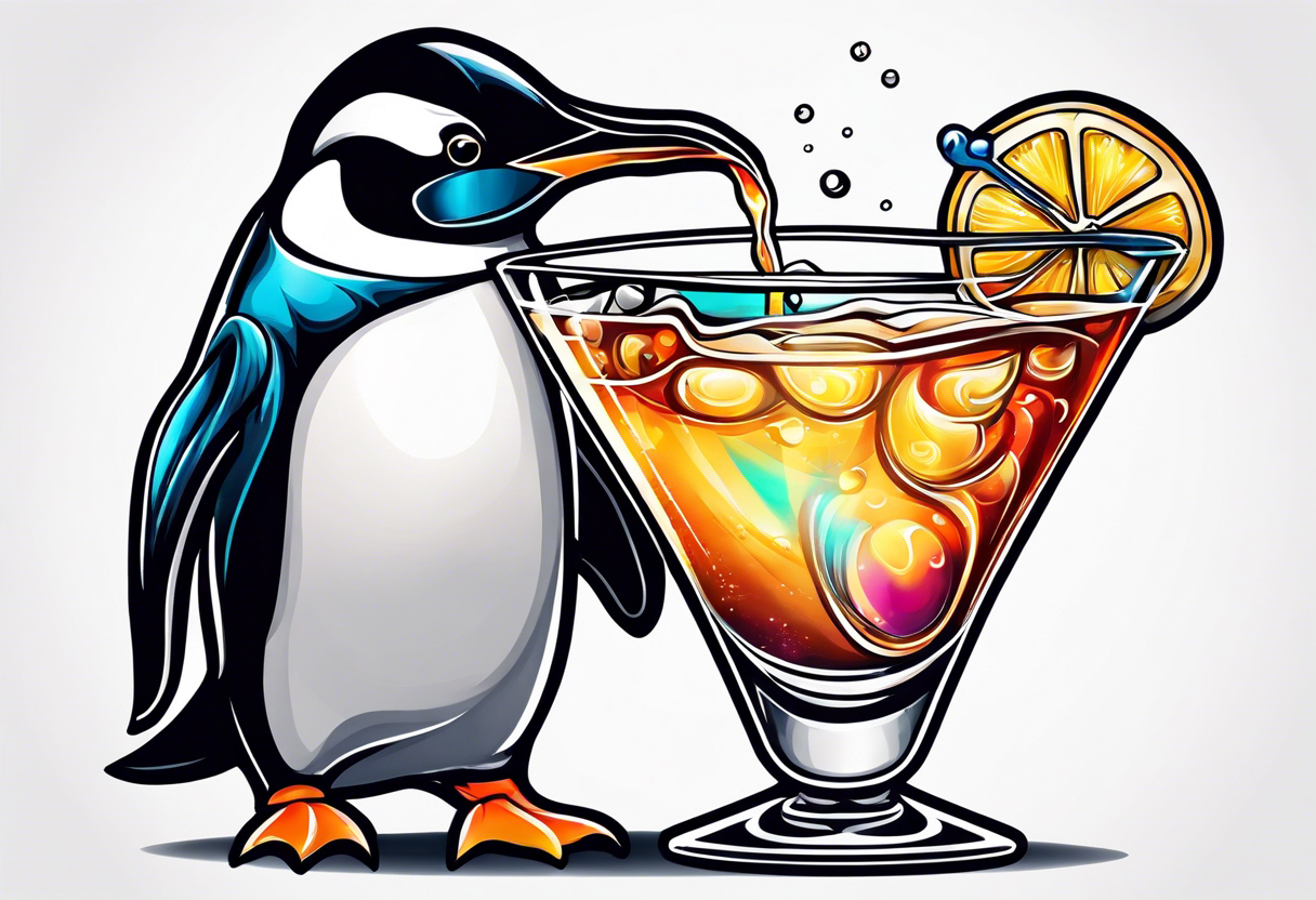 Classy penguin drinking a martini tattoo idea