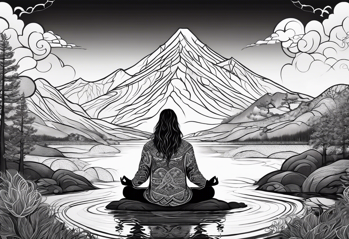 a meditating long haired man by the mountain river, the sky is covered with spiritual pattern tattoo idea