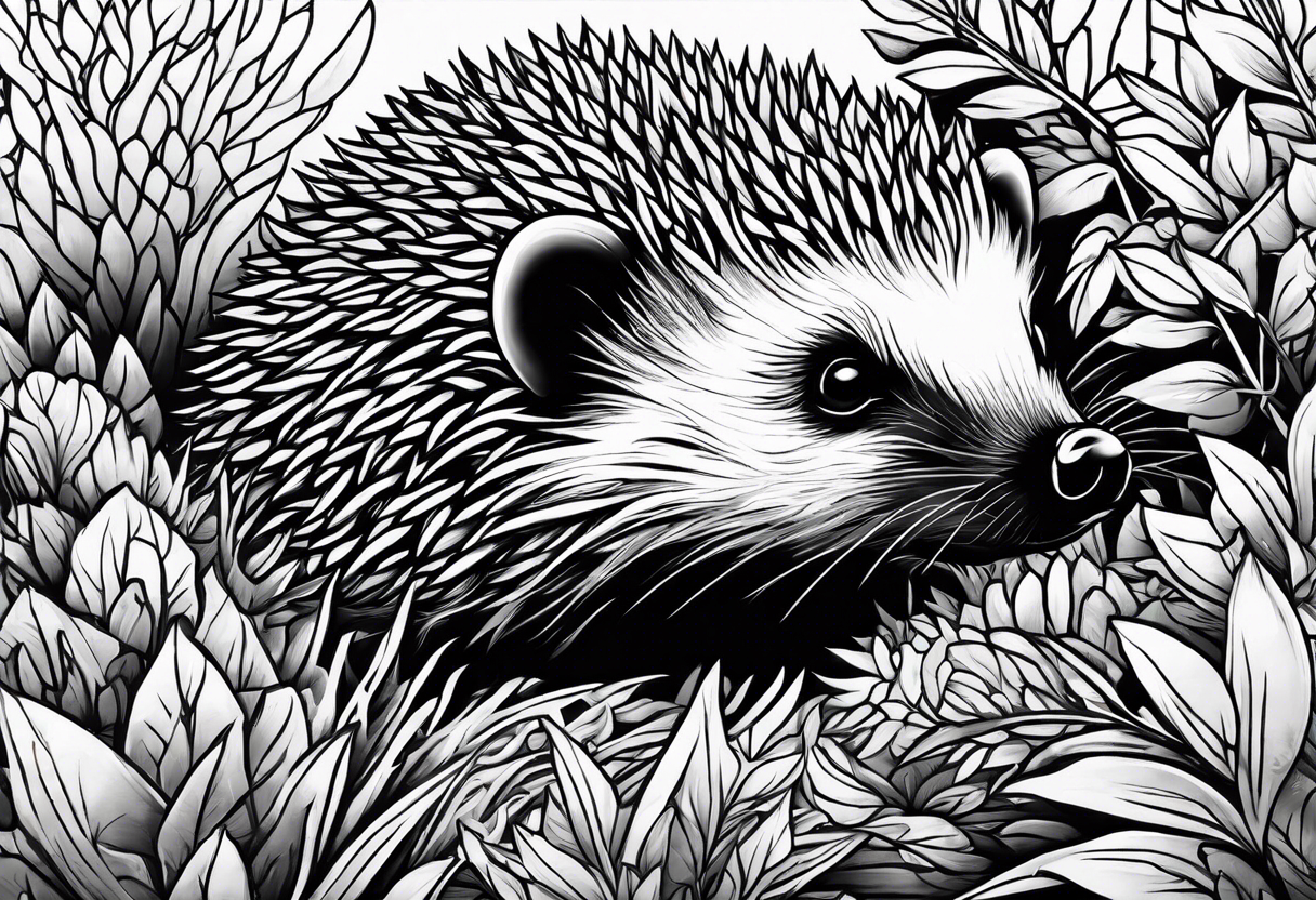 Hedgehog hiding in shrubery tattoo idea