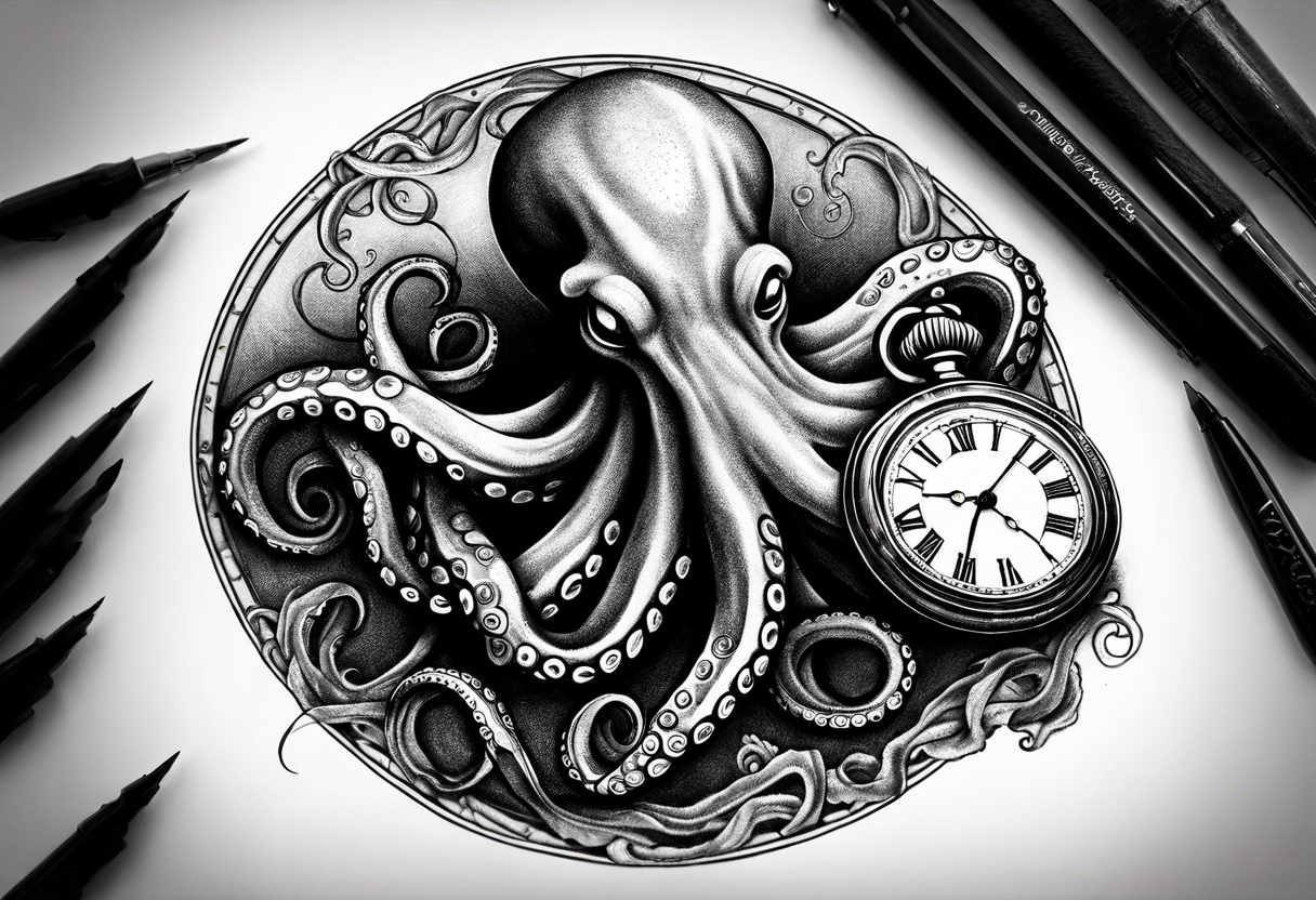 Octopus over an old pocket watch with his tentacles, in a natural pose tattoo idea