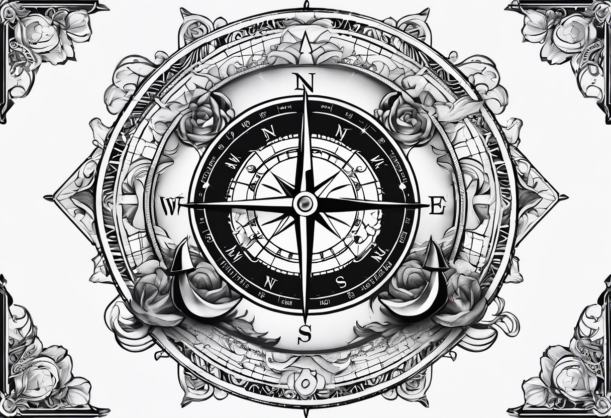 Compass with compass rose and anchor and gps data and clouds tattoo idea