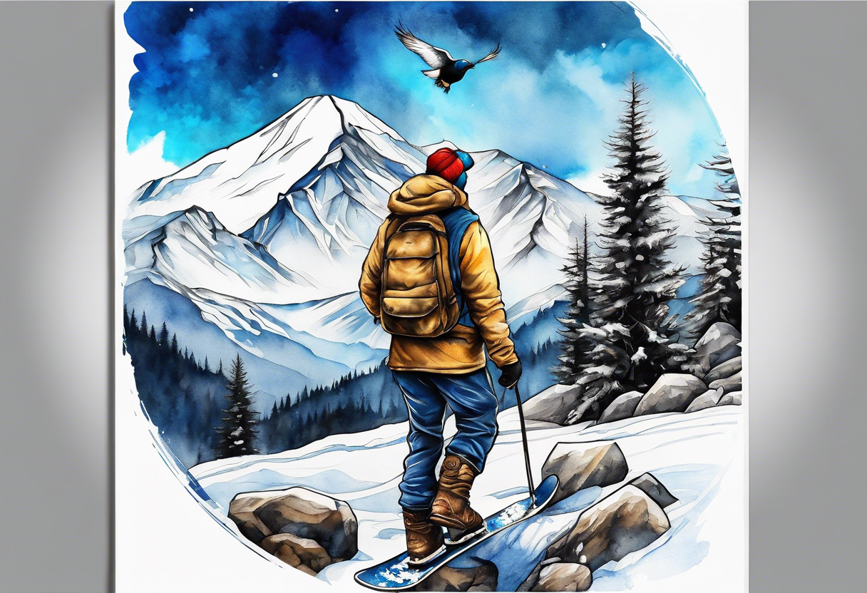 10 mile range, snowboarding, snow capped mountain, gold mining, blue bird sky tattoo idea