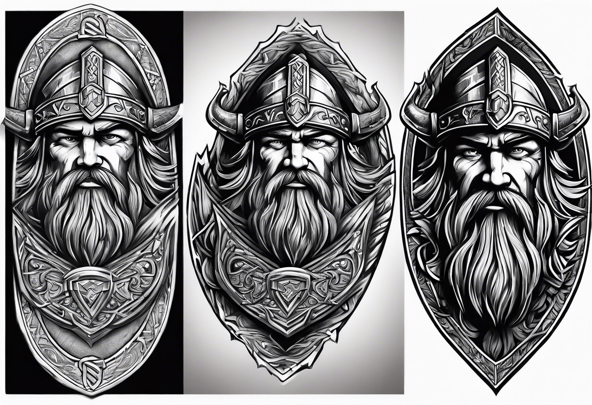 cool viking themed sleave on whole right arm ship axe shield tattoo idea