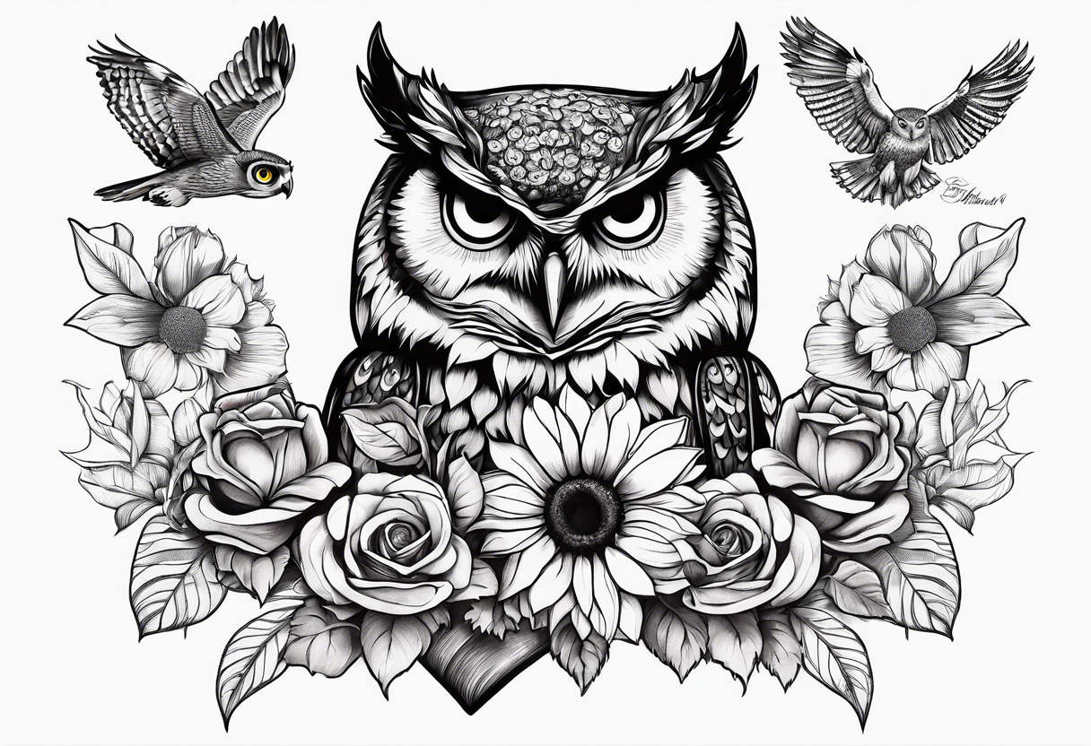 Sunflower, camera, book, owl, flower rose tattoo idea