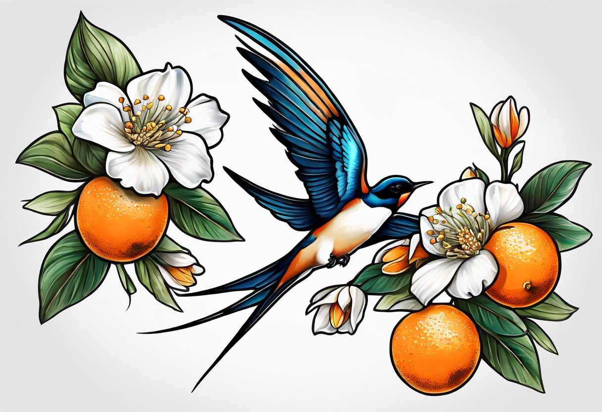 swallow leaving on an orange blossom branch with its wings up tattoo idea