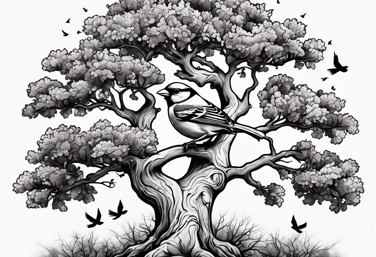 oak tree with finch birds tattoo idea