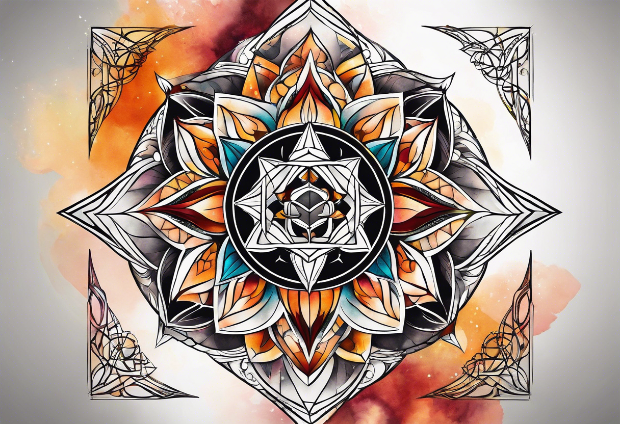 front knee tattoo with sacred geometry, swirls & washes, background and in fall colors tattoo idea