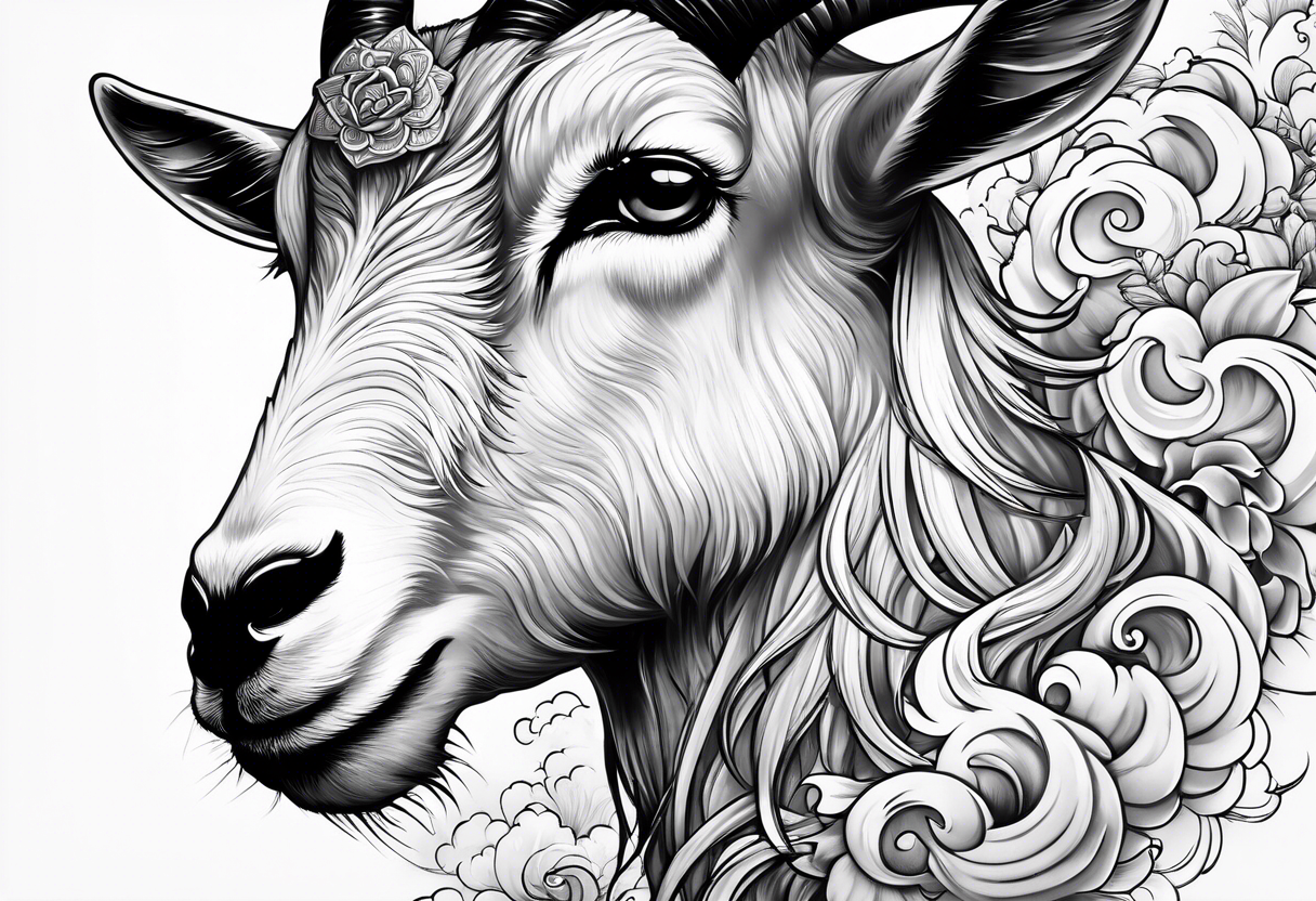 asian goat tattoo with japanese clouds tattoo idea